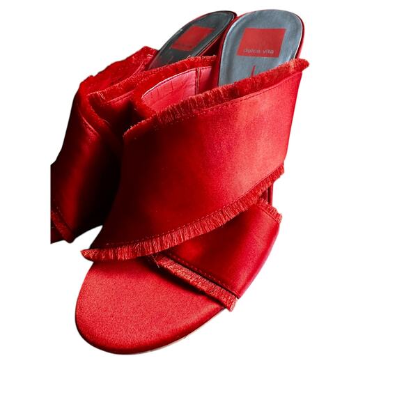 Dolce Vita Red-Orange Satin Fringe Trim Mule, Block Heel, Women's 10 - Picture 3 of 8